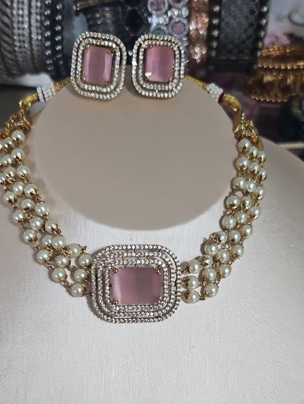 Elegant Pink Stone Pearl Choker Necklace and Earrings Set by